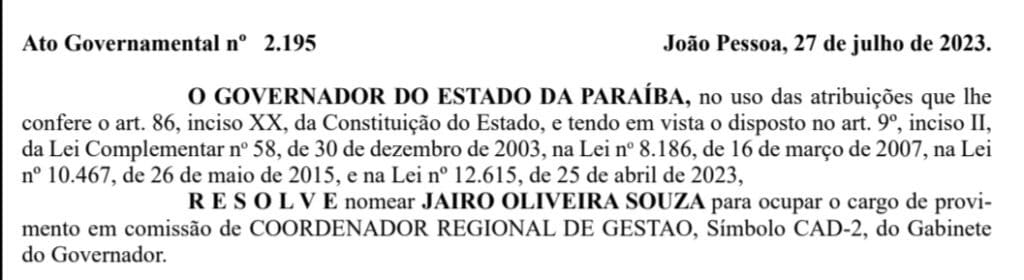 Jairo Oliveira,OAB-CG,PSB,Governo da Paraíba